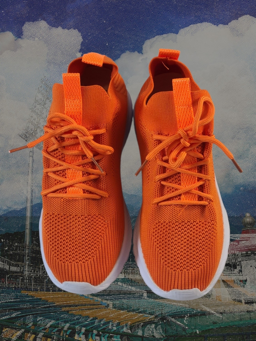 Womens Bright Orange Knit Lace-Up Sneakers NWOT Size 8